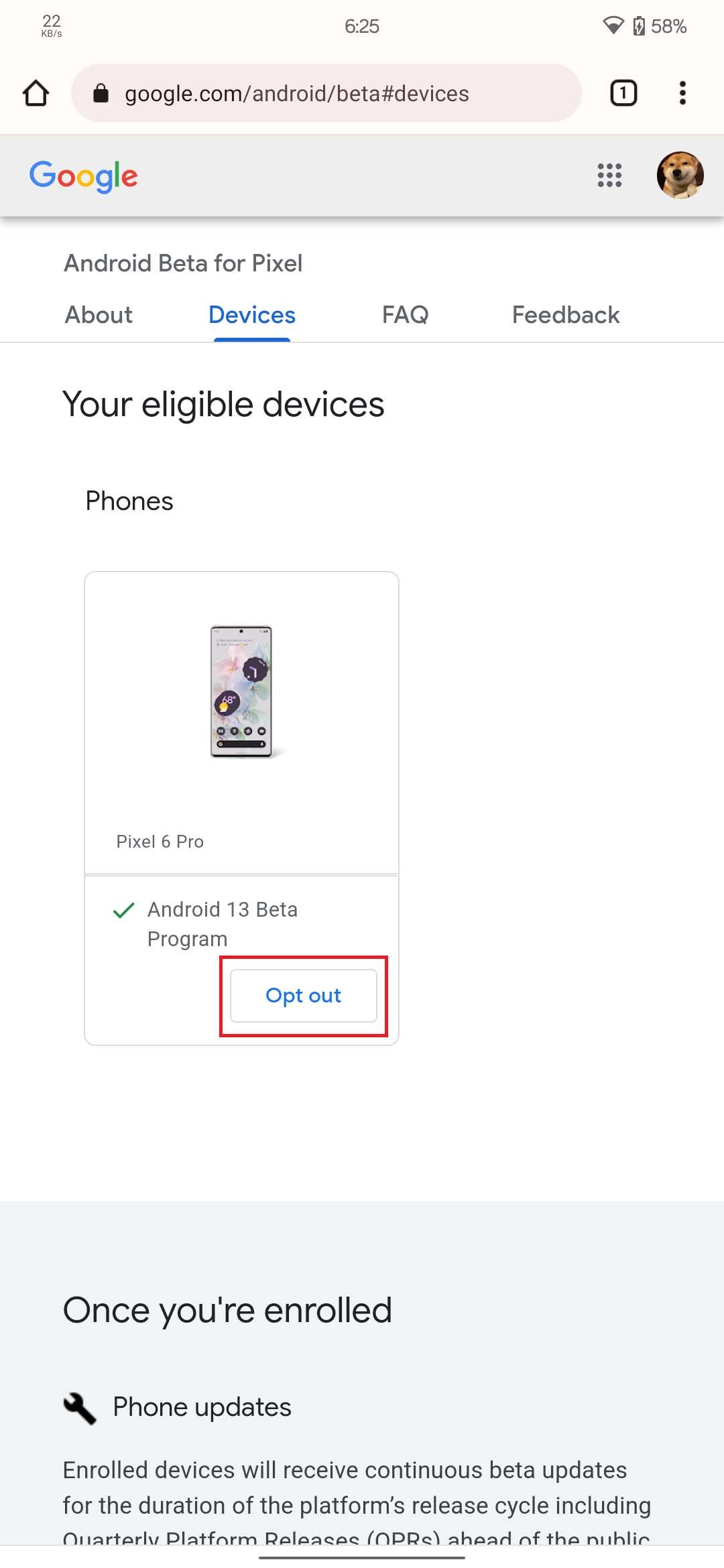 Opt-out option in the eligible device section