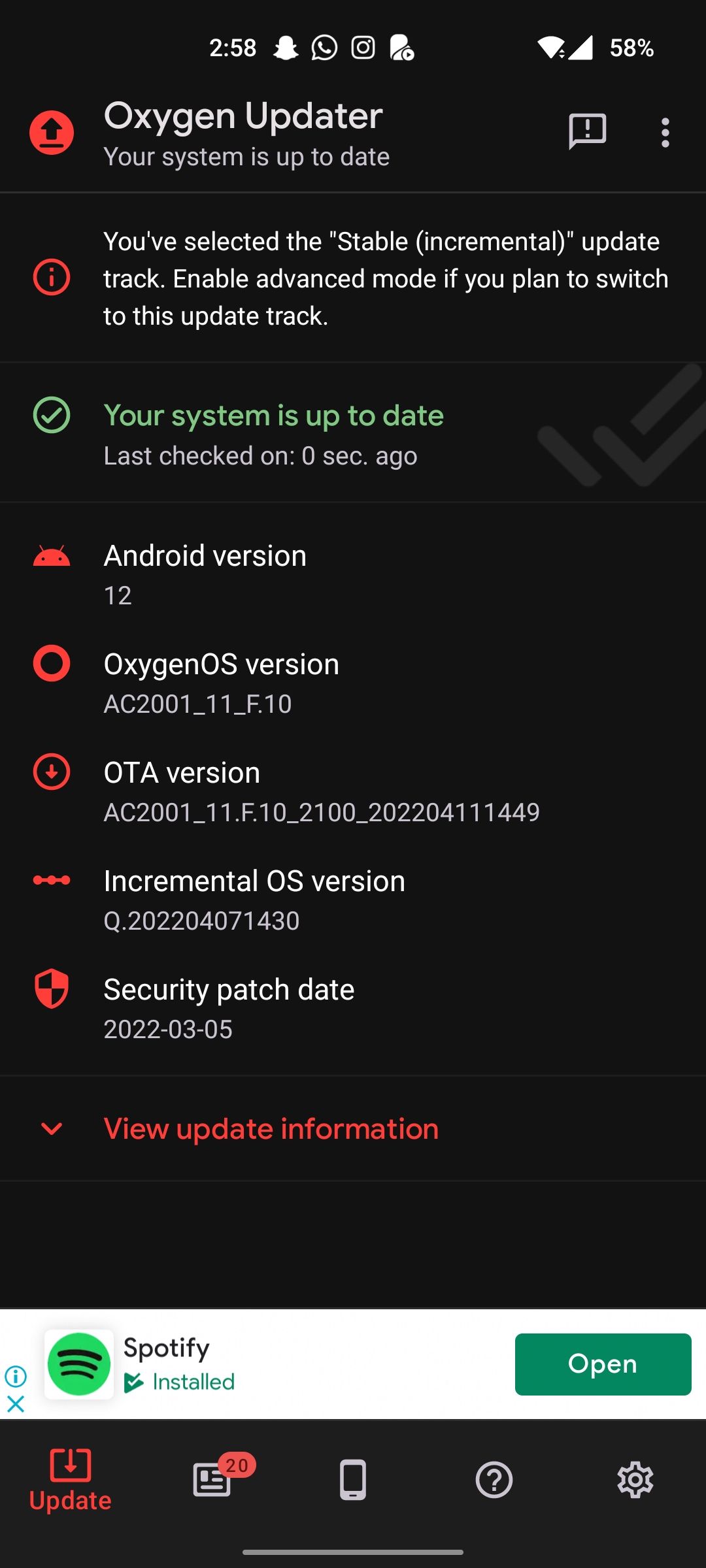 Oxygen Updater displaying system up to date