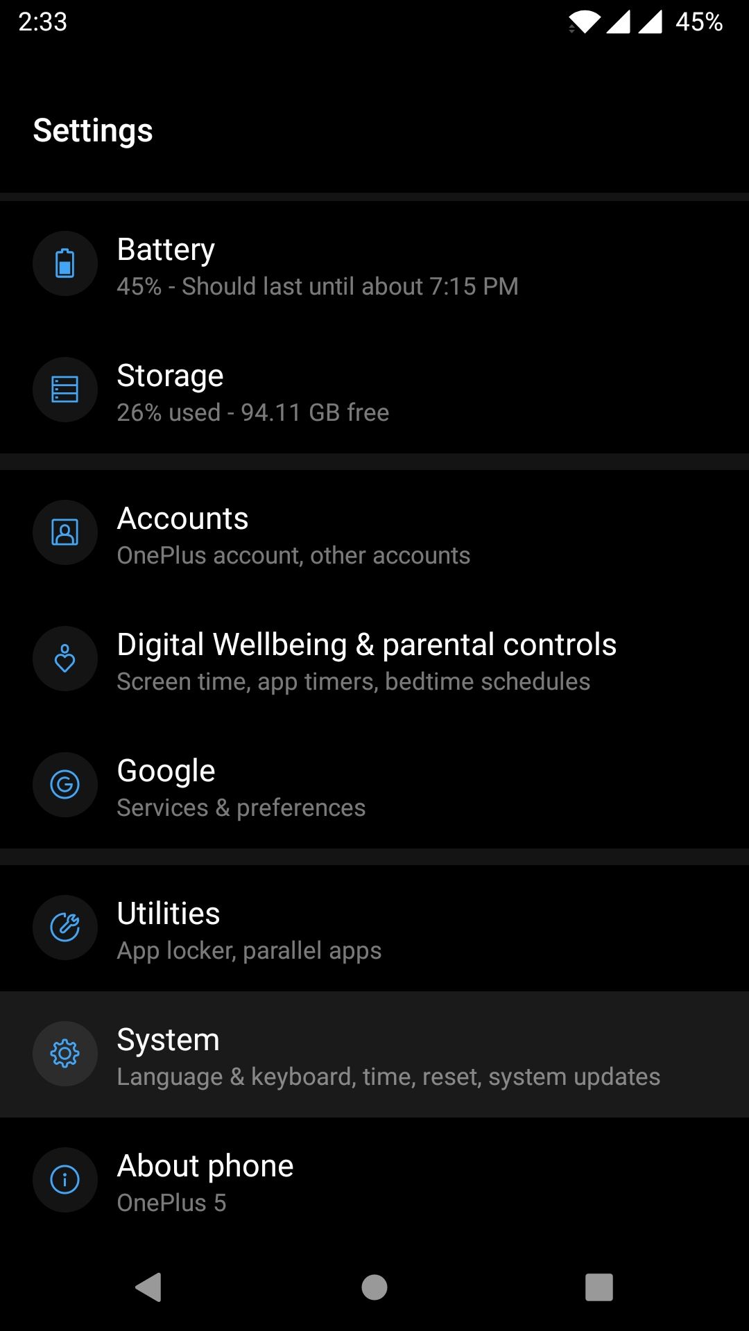OxygenOS settings menu