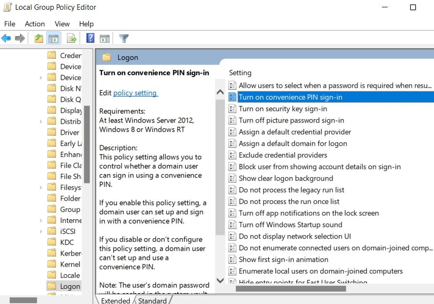PIN settings in Group Policy Editor Window