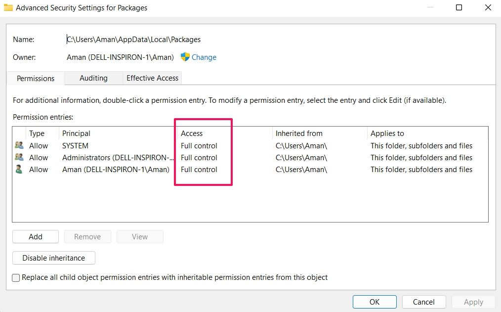 Package folder Advanced security settings