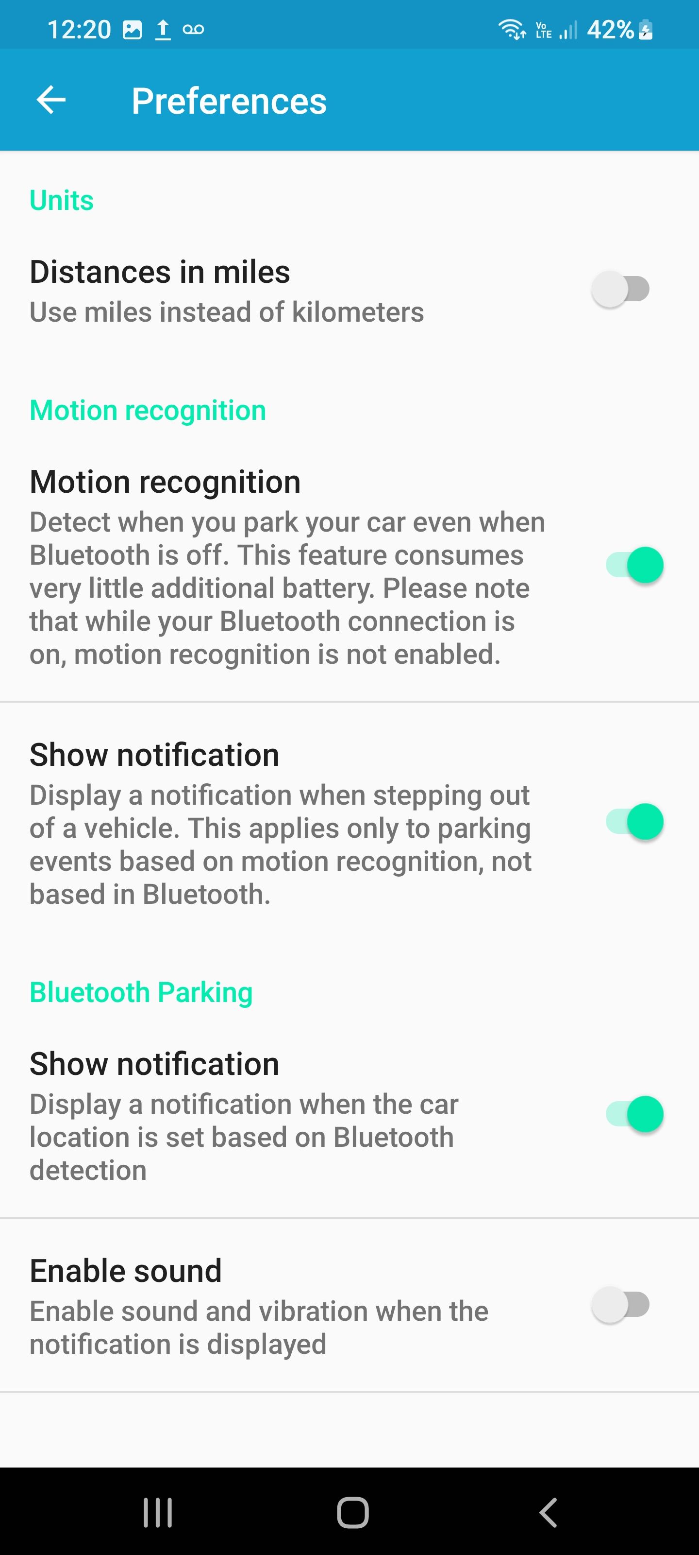 Preferences menu for Parkify app