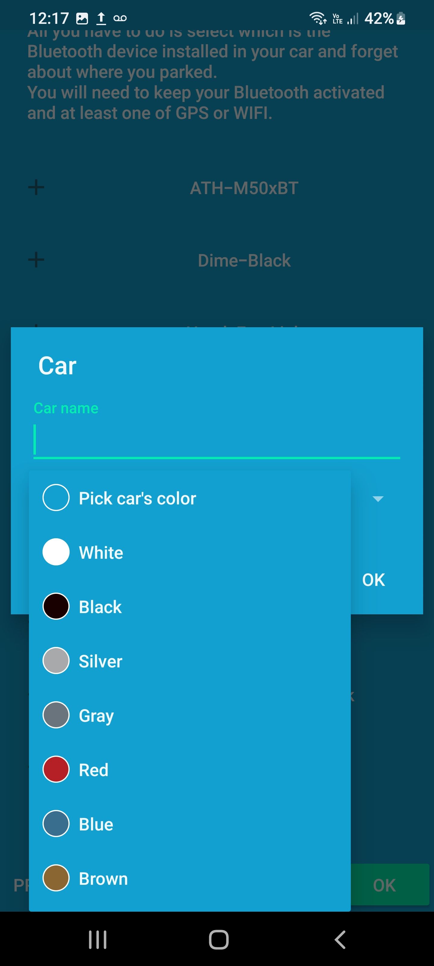 Vehicle selection menu on the Parkify app