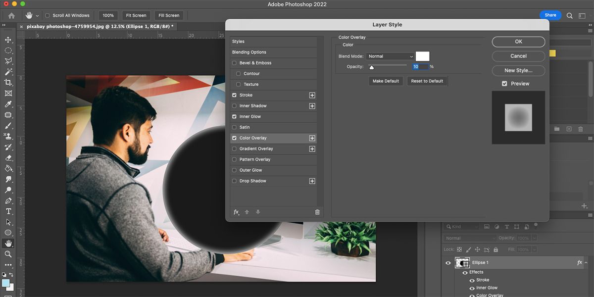 Photoshop color overlay properties in layer style menu.