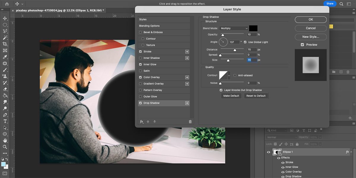 Photoshop drop shadow properties in layer style menu.