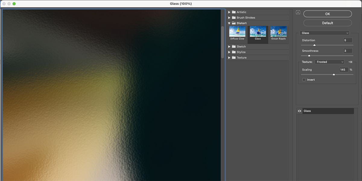 Photoshop glass distortion filter menu.