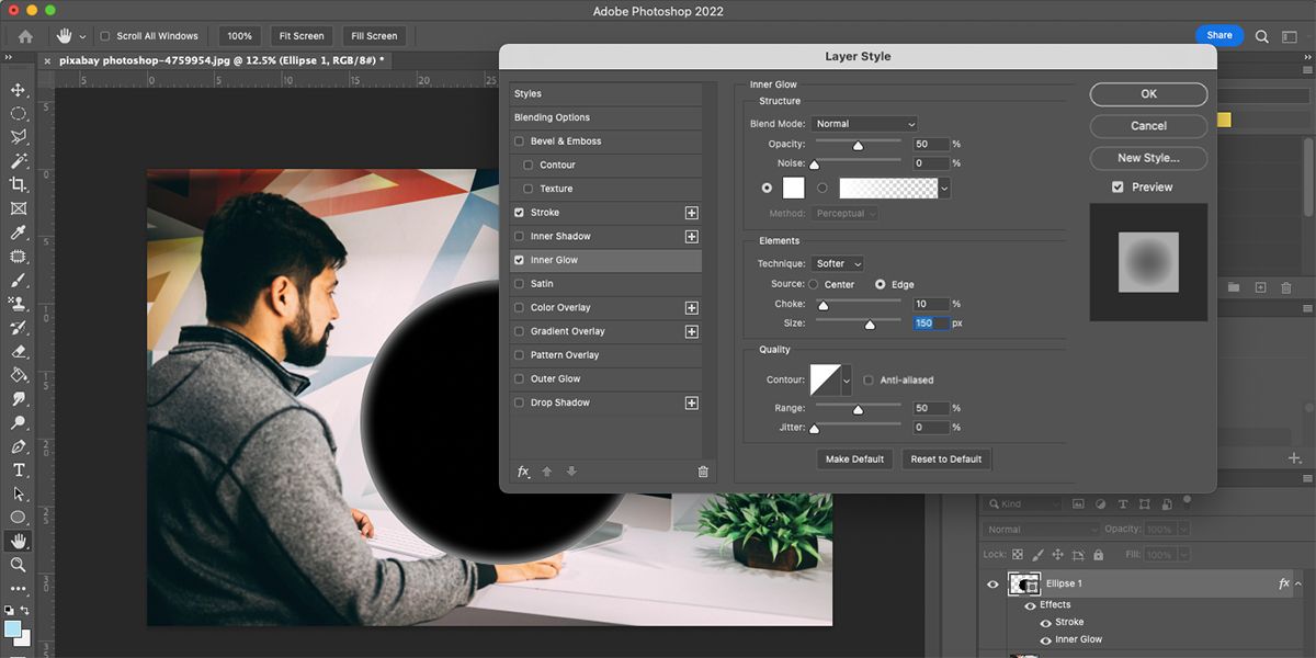 Photoshop inner glow properties in layer style menu.