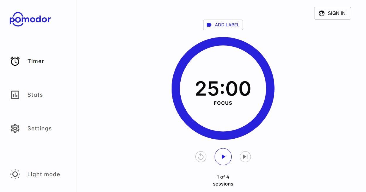 Pomodor app timer displaying a start time of 25 minutes. 