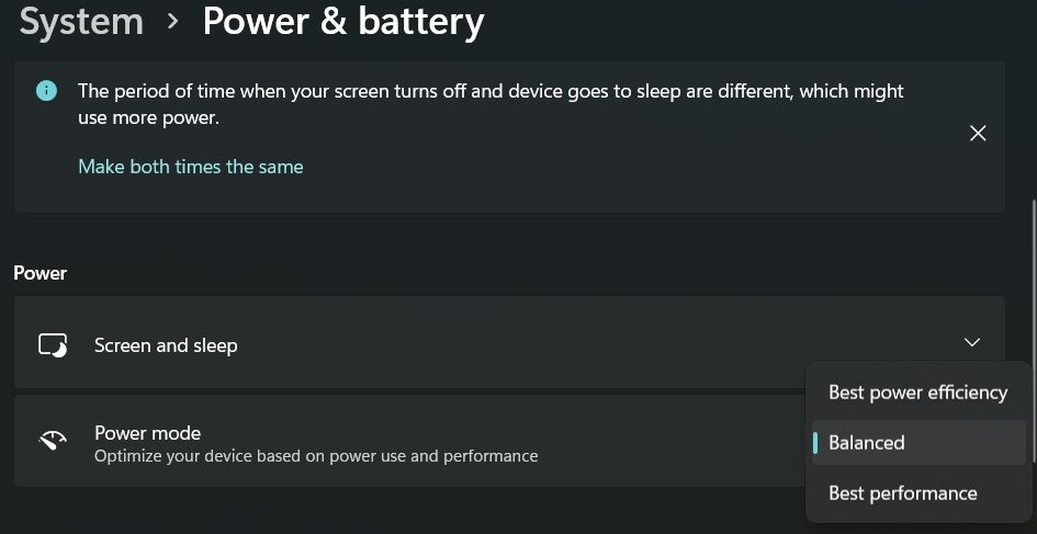 Windows 11 Power & battery menu