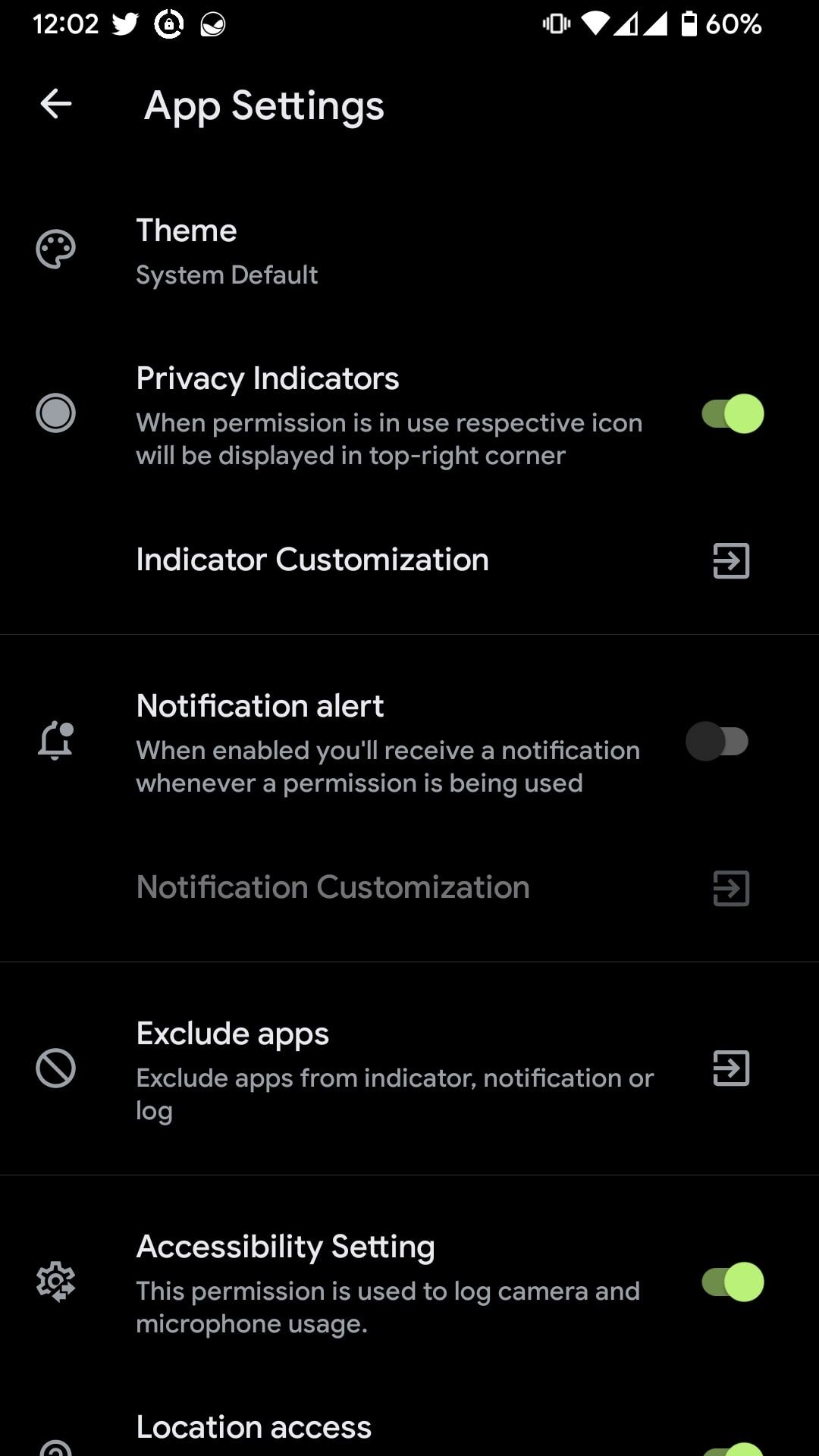 Privacy Dashboard Settings Page