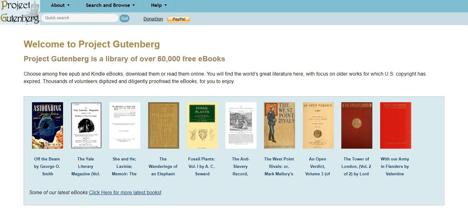 A Screenshot of Project Gutenberg Landing Page