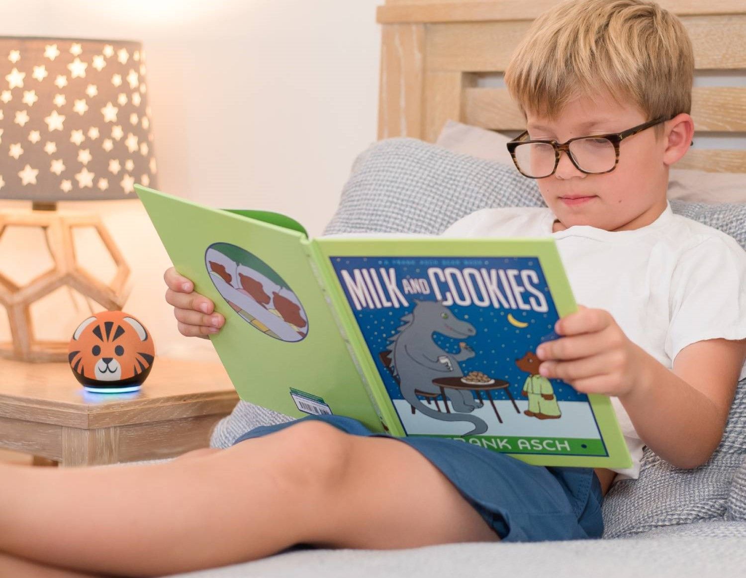 Boy Reading Milk and Cookies Book with Tiger Echo Dot Kids