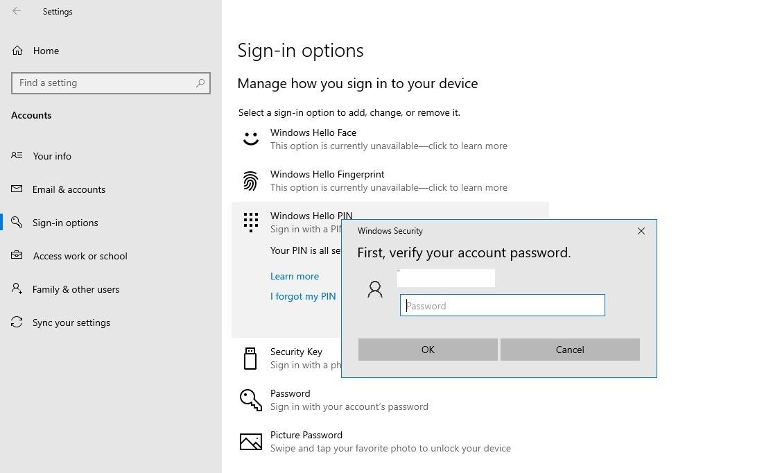 Removing Windows Hello PIN in Windows 10 Settings App