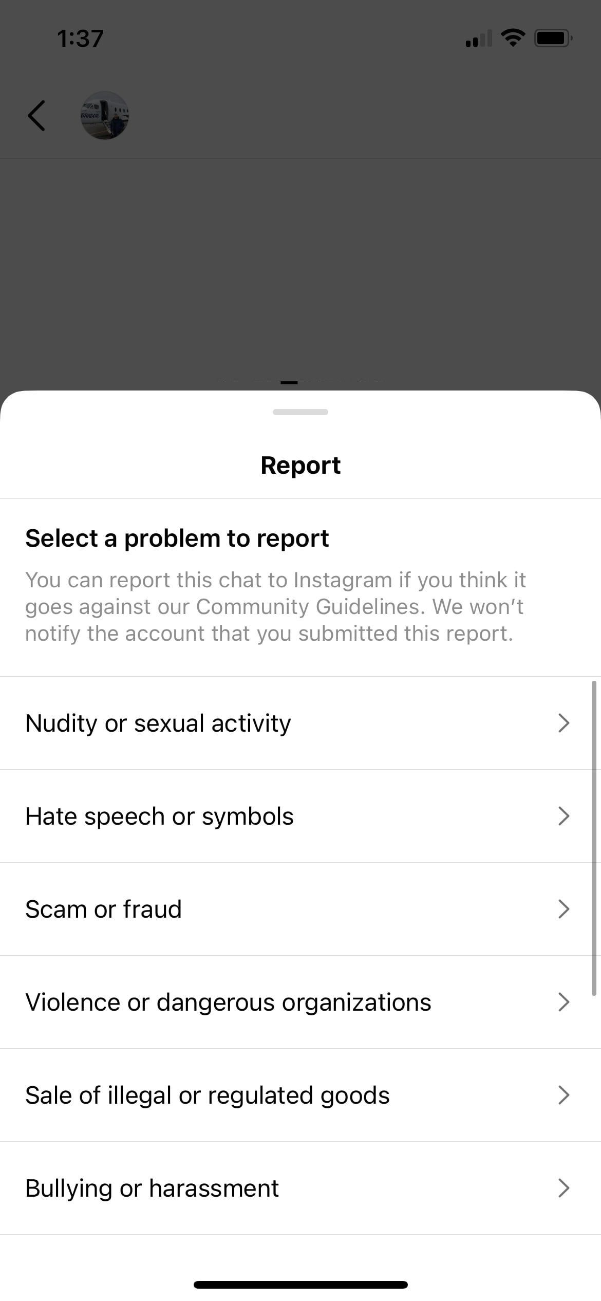 reporting a message on Instagram