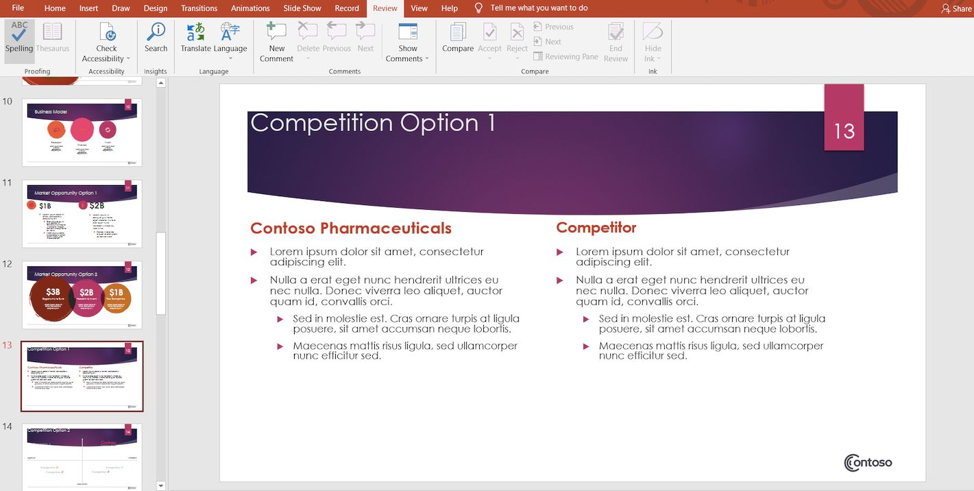 Review Feature in PowerPoint with Spellcheck and Thesaurus