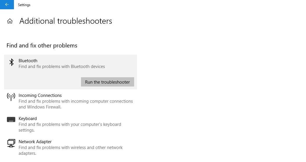 Running the Bluetooth Troubleshooter in Windows 10