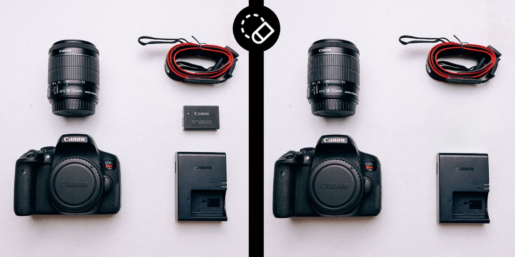 An image of a camera and several parts laid out on a table, before and after Object Eraser was used to remove the camera battery from the image.
