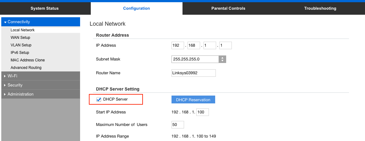 linksys dhcp server setting on (primary)