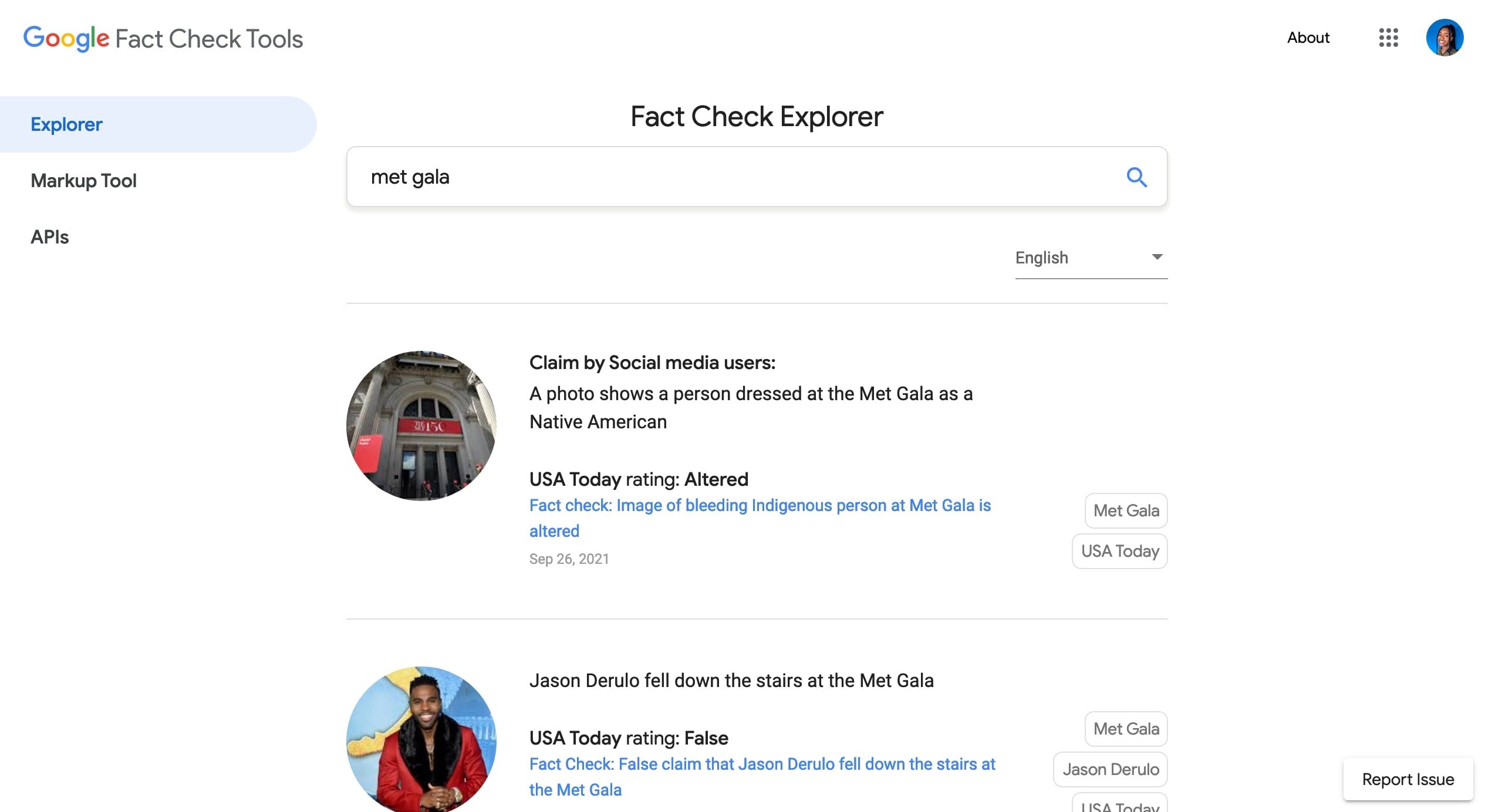 Screenshot of a Google Fact Check Explorer with 'Met Gala' in the search box and related results