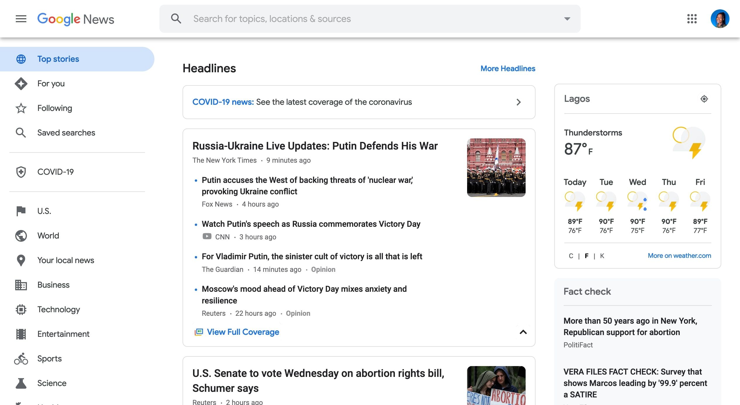 Screenshot of Google News page with Top Stories tab highlighted