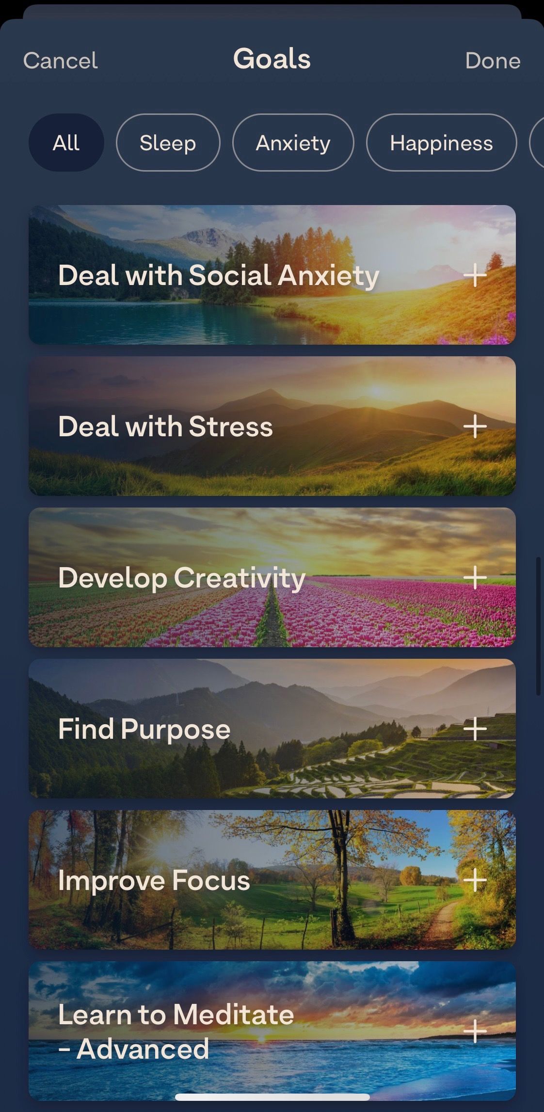 Screenshot of Breethe app showing category choices 