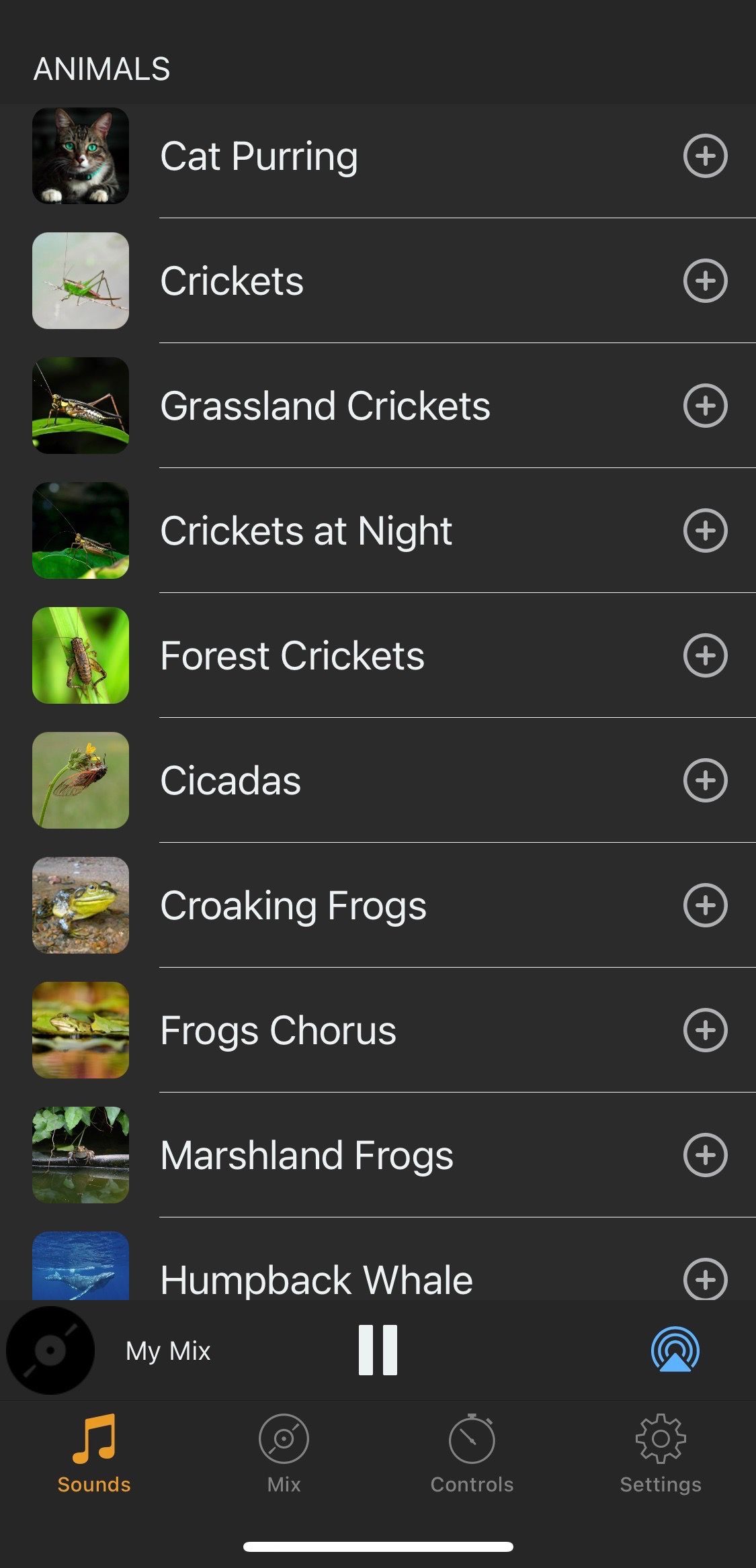 Screenshot of Deep Sleep Sounds app with animal options 2