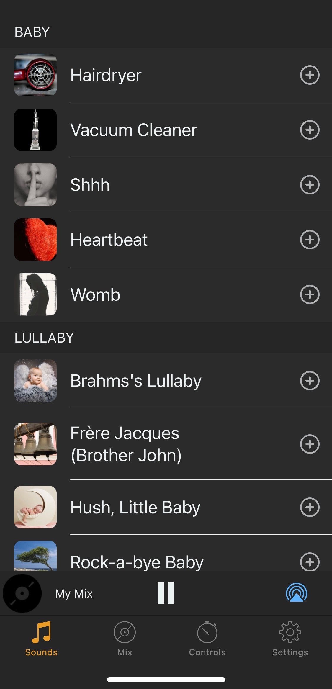 Screenshot of Deep Sleep Sounds app with baby options 1
