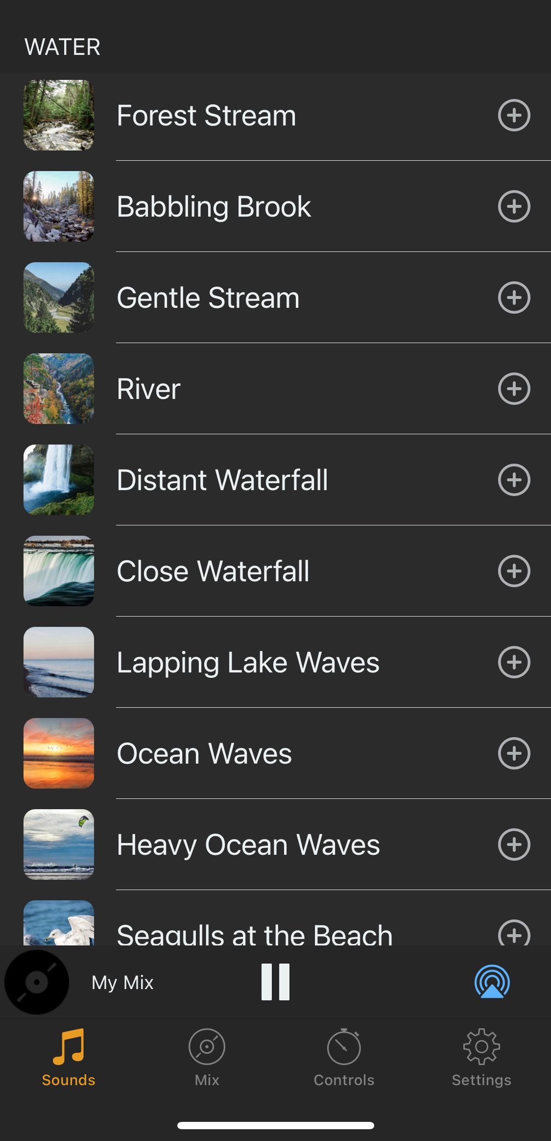 Screenshot of Deep Sleep Sounds app with water options 3