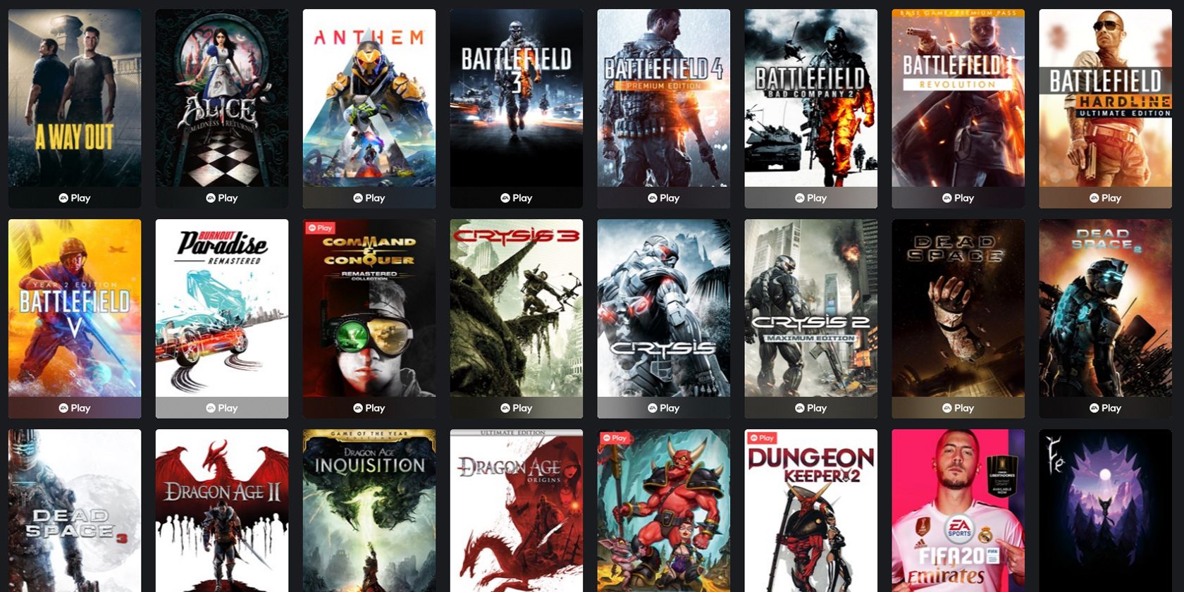 Screenshot of EA Play game titles