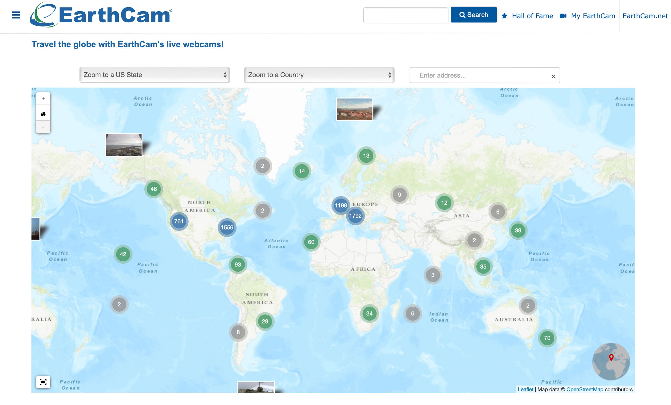 Screenshot of EarthCam website showing location of cameras