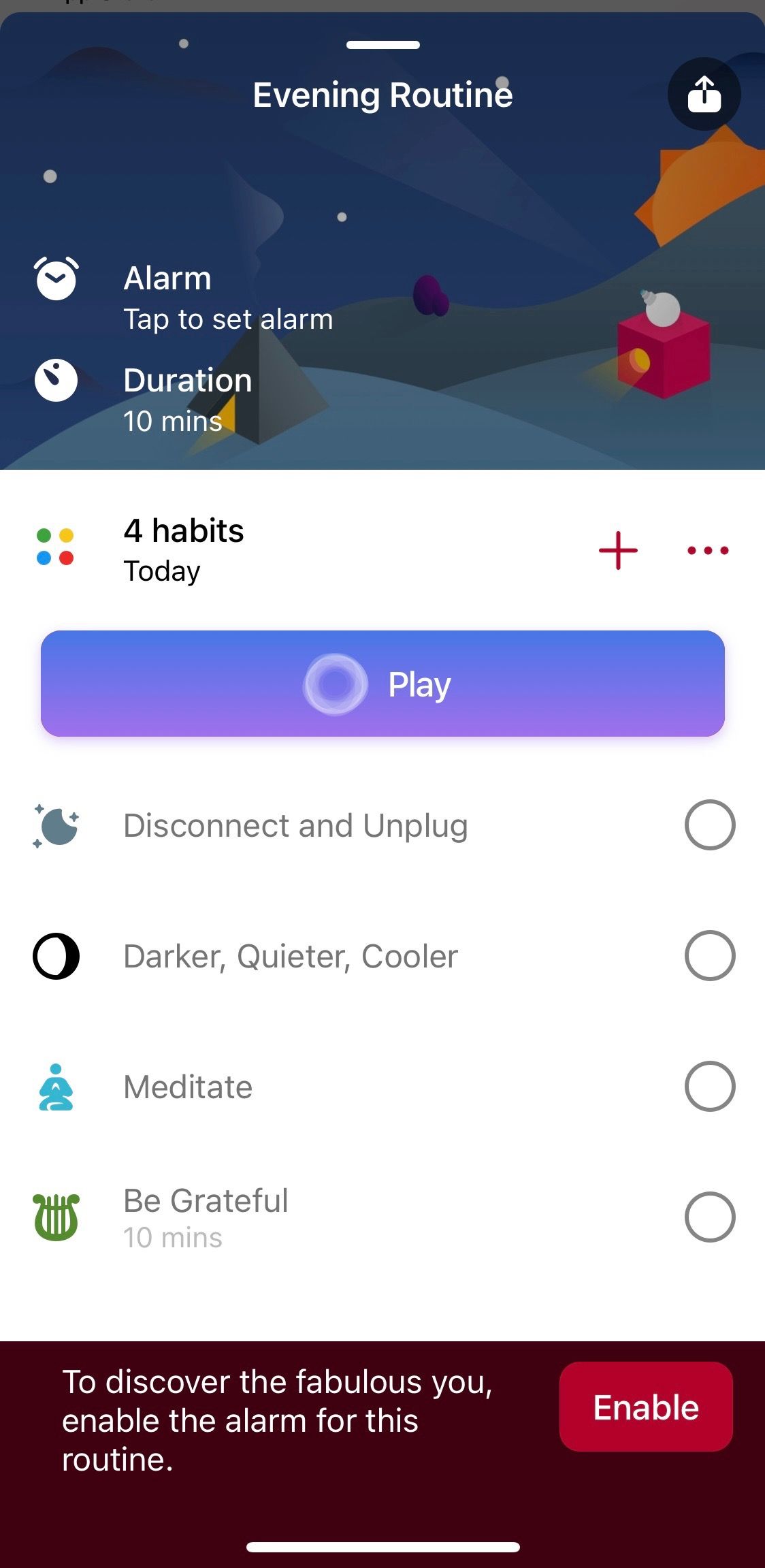 Screenshot of Fabulous app showing evening habit screen 