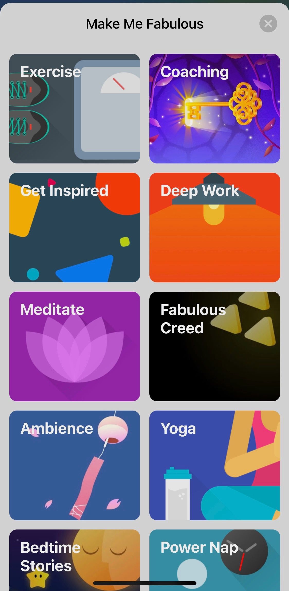 Screenshot of Fabulous app showing habit categories 1