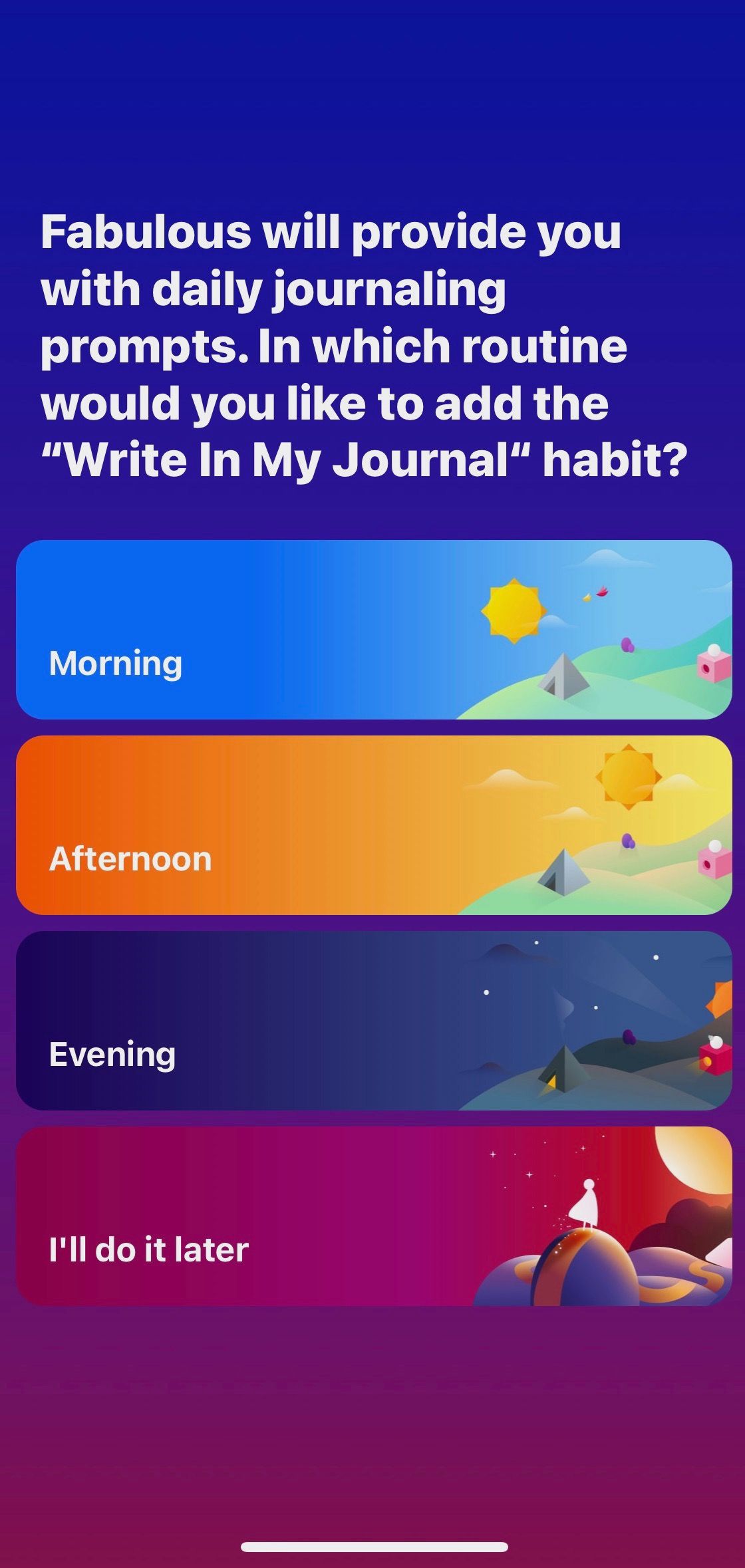 Screenshot of Fabulous app showing journal prompts