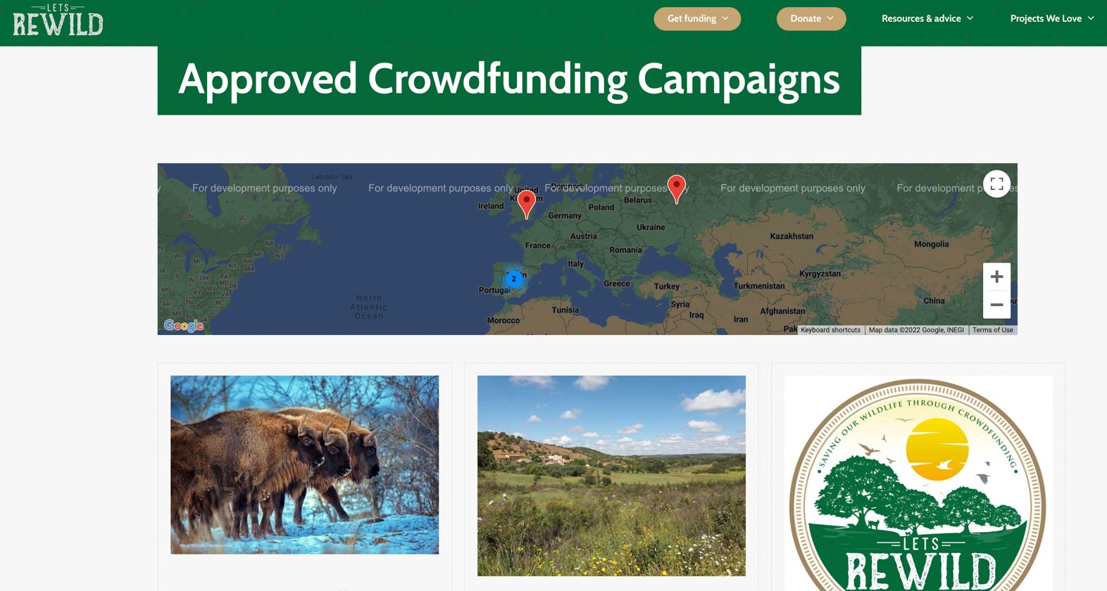 Screenshot of Lets Rewild crowdfunding campaigns_
