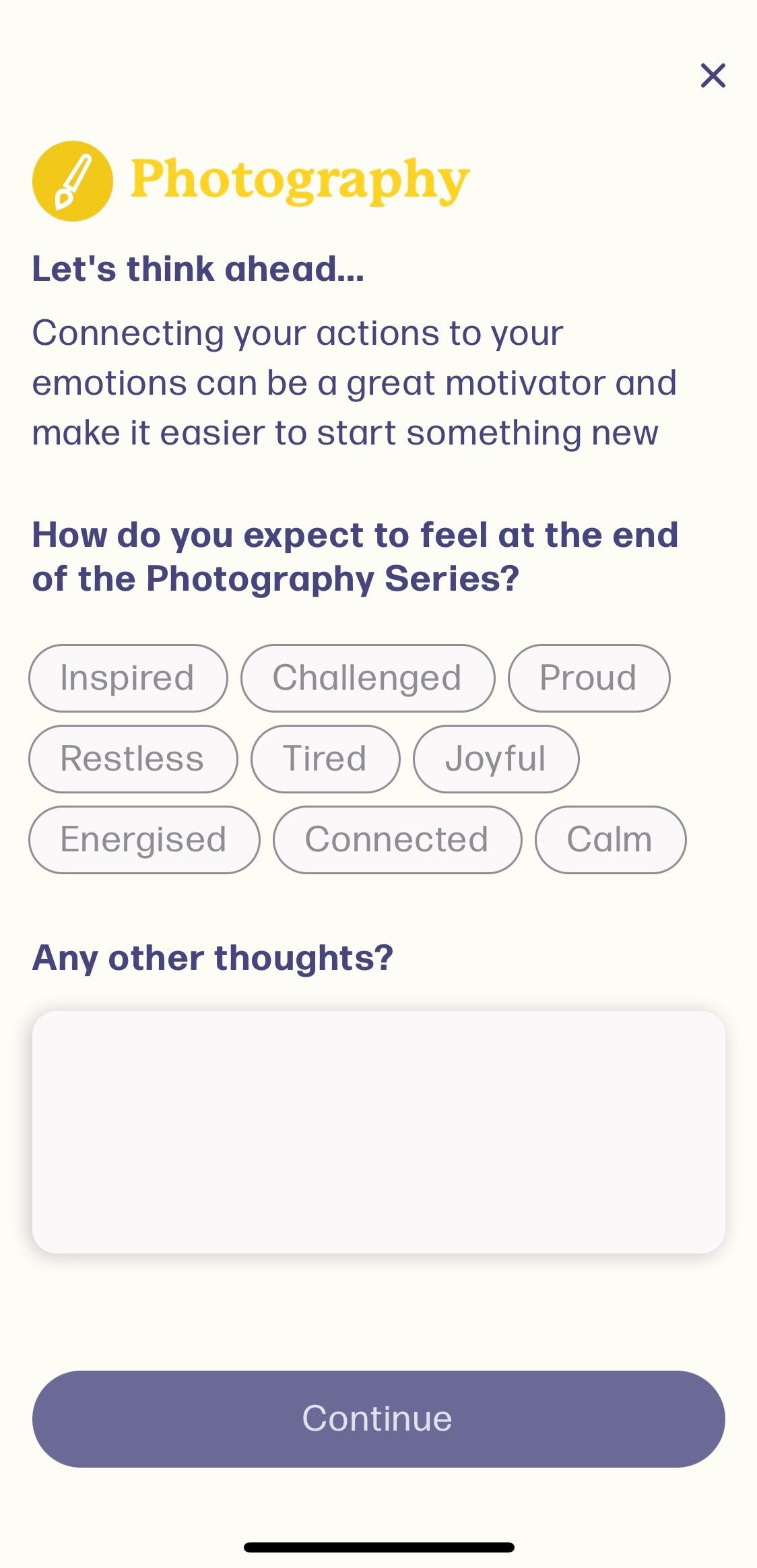 Screenshot of Minderful app showing photography checkin screen