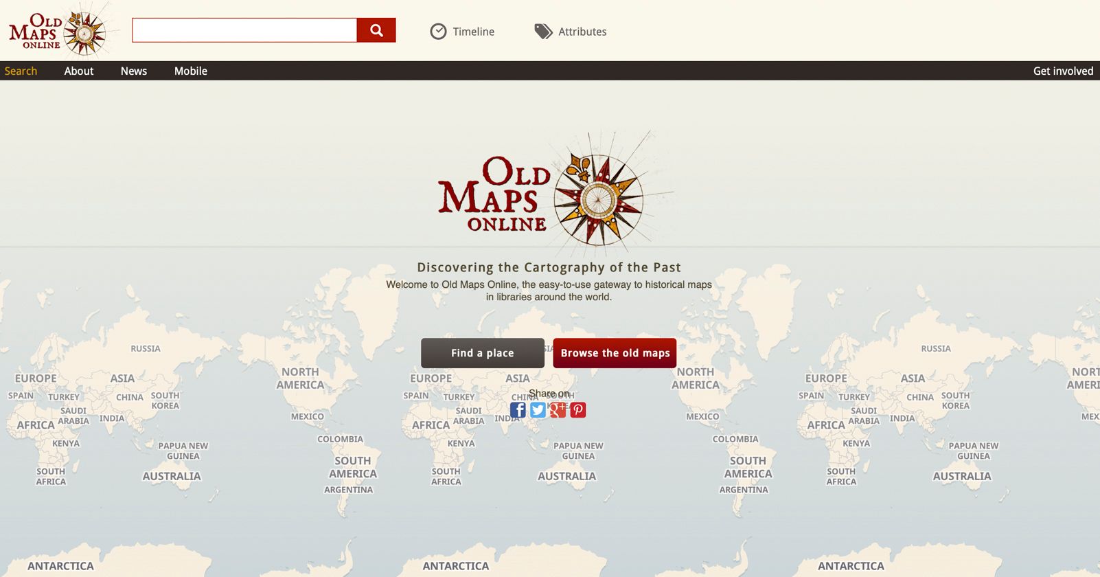 Screenshot of Old Maps Online website showing global map