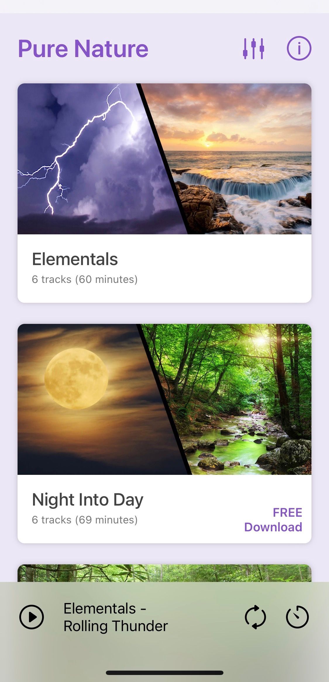 Screenshot of Pure Nature 3D Soundscapes app showing some album options 1