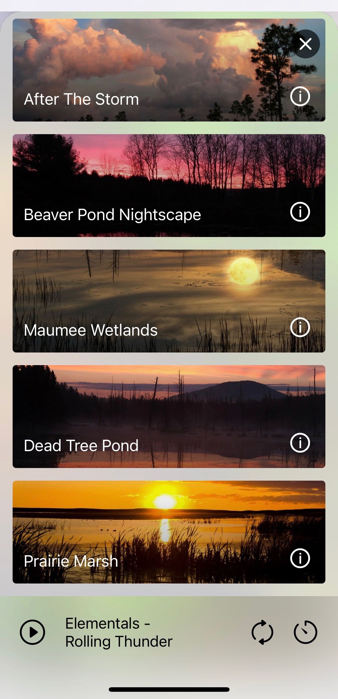 Screenshot of Pure Nature 3D Soundscapes app showing some scenic options 2