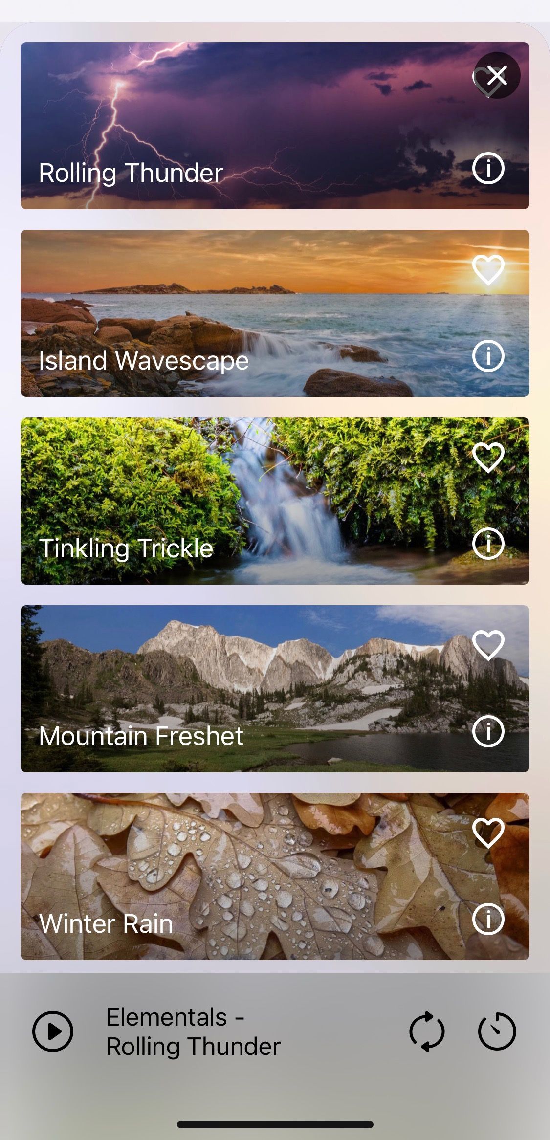 Screenshot of Pure Nature 3D Soundscapes app showing some sound options 3