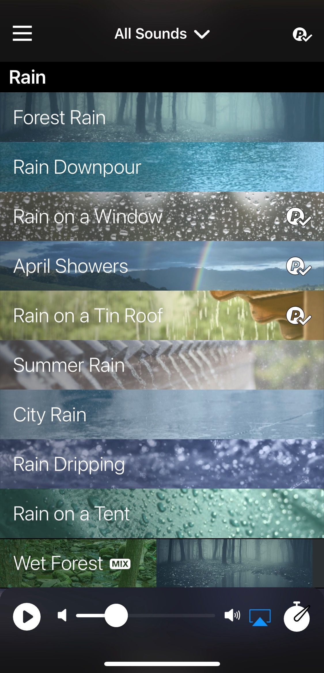 Screenshot of Rain Rain app showing rain options 1