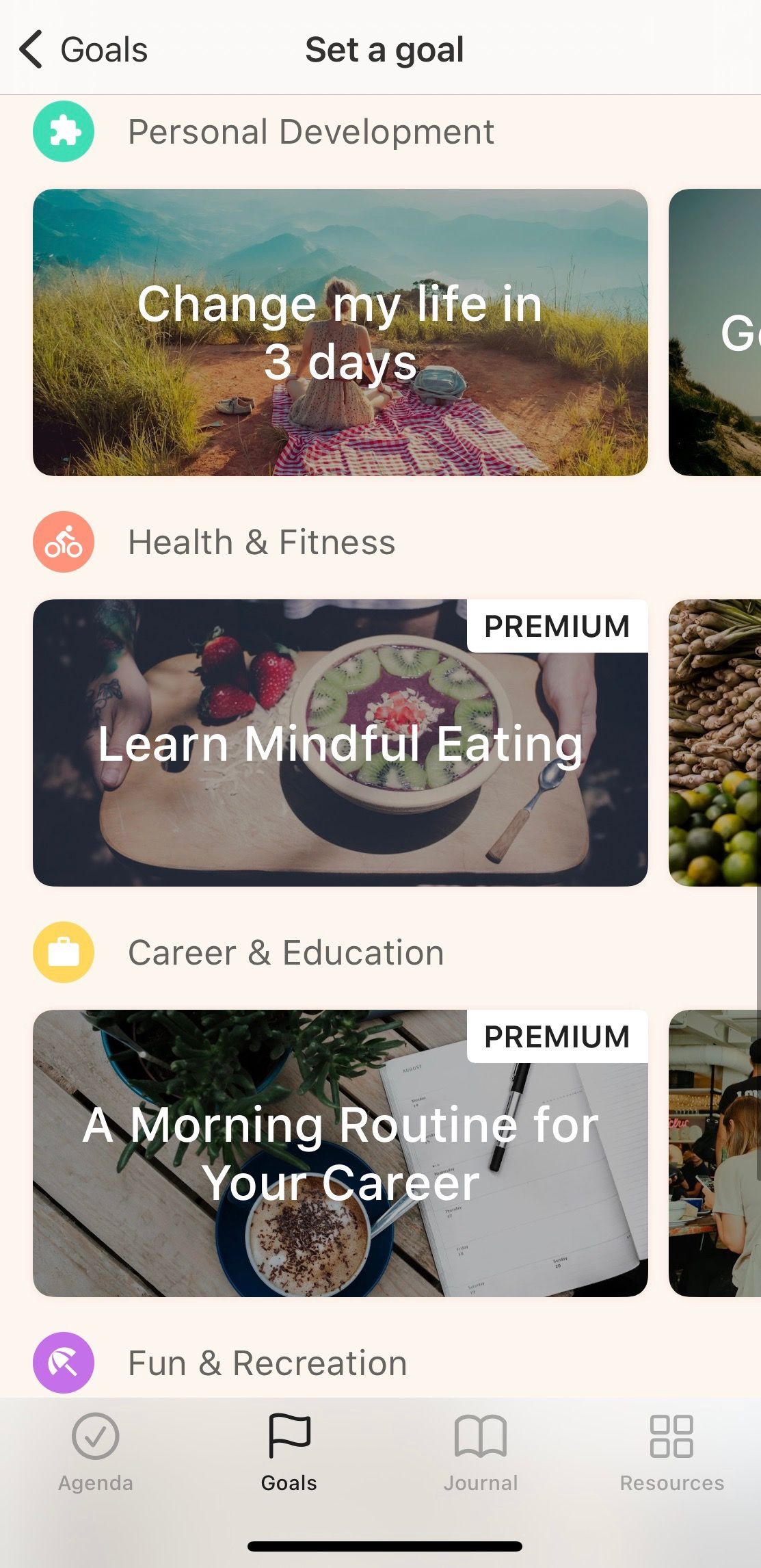 Screenshot of Remente app showing goal setting examples
