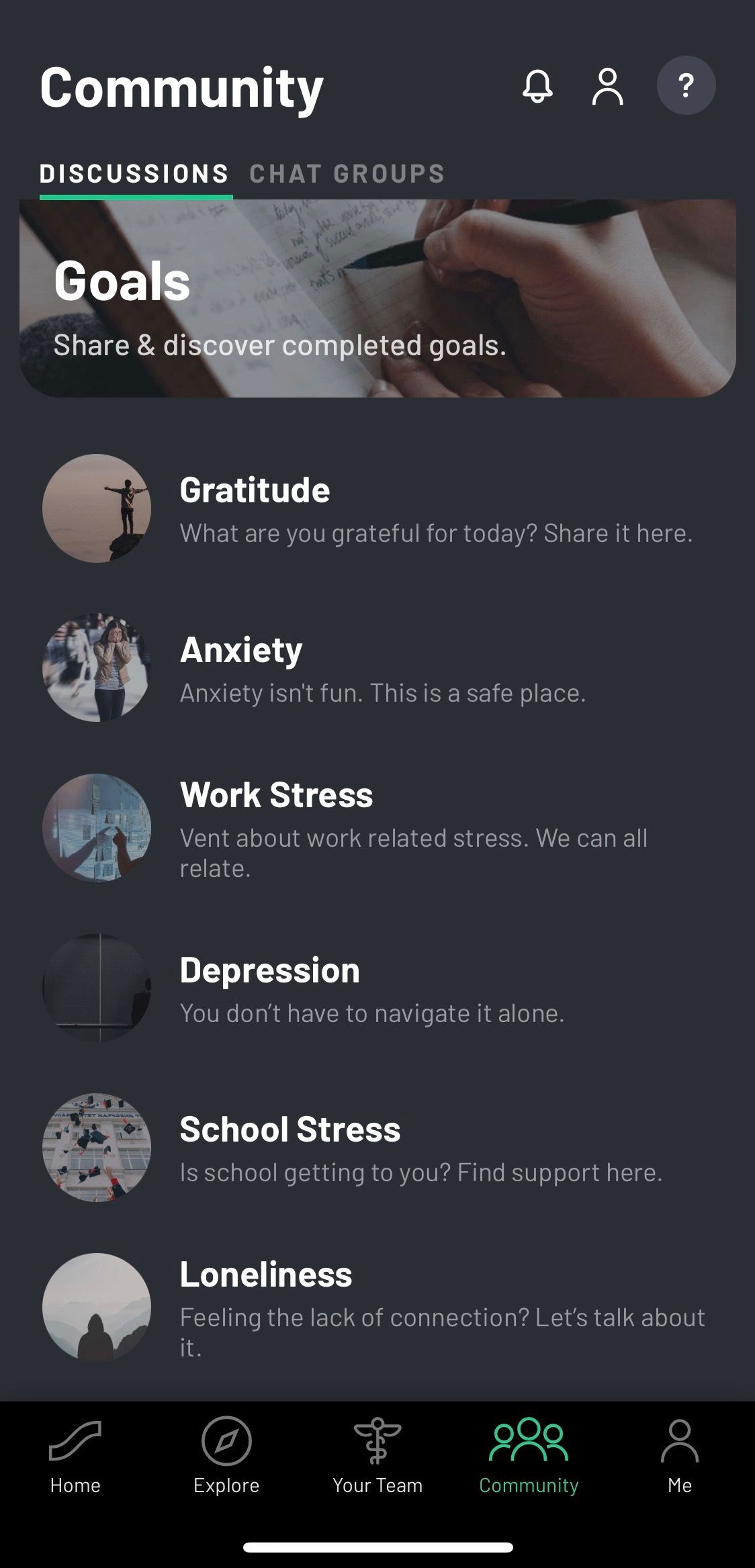 Screenshot of Sanvello app showing community feature