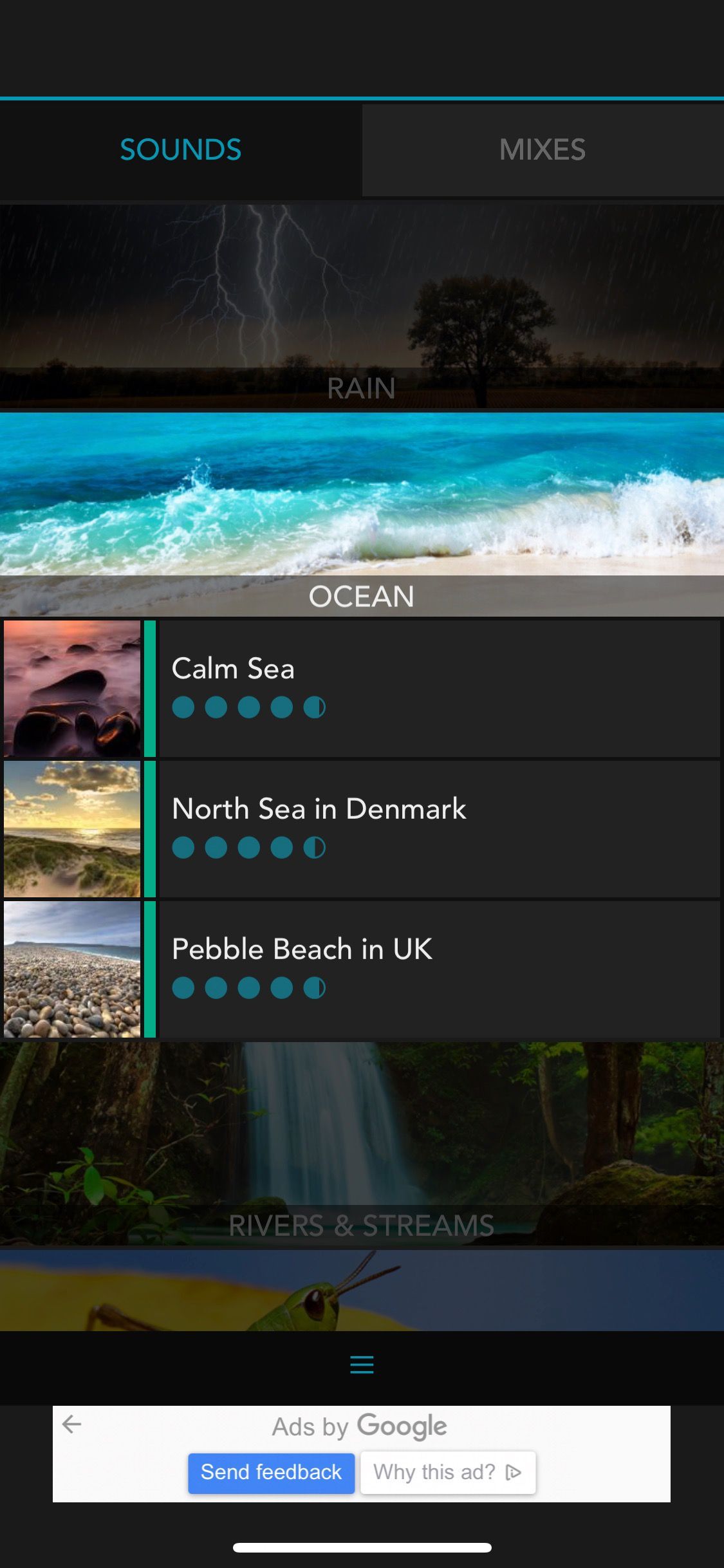 Screenshot of Soothing Sleep app showing ocean options 2