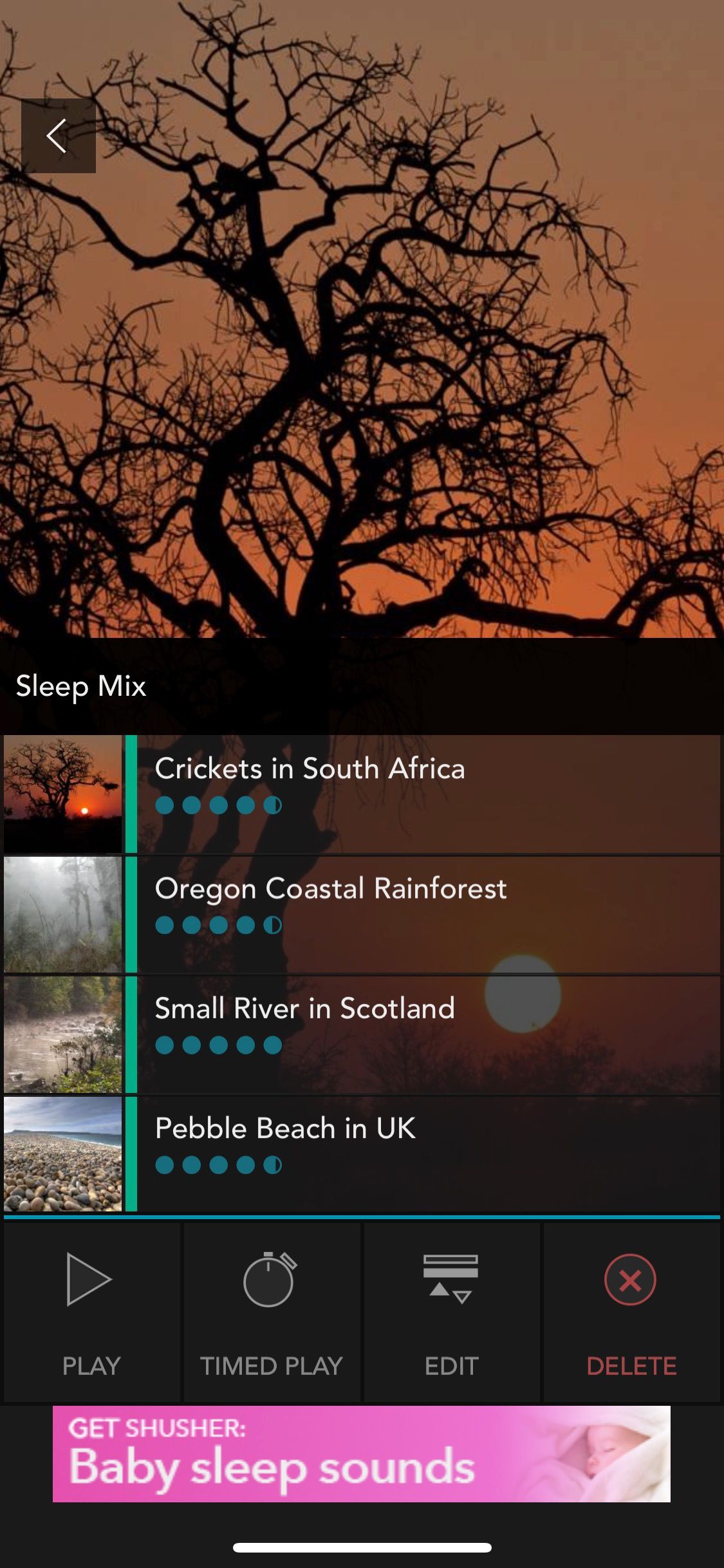 Screenshot of Soothing Sleep app showing sleep sound mix 3 