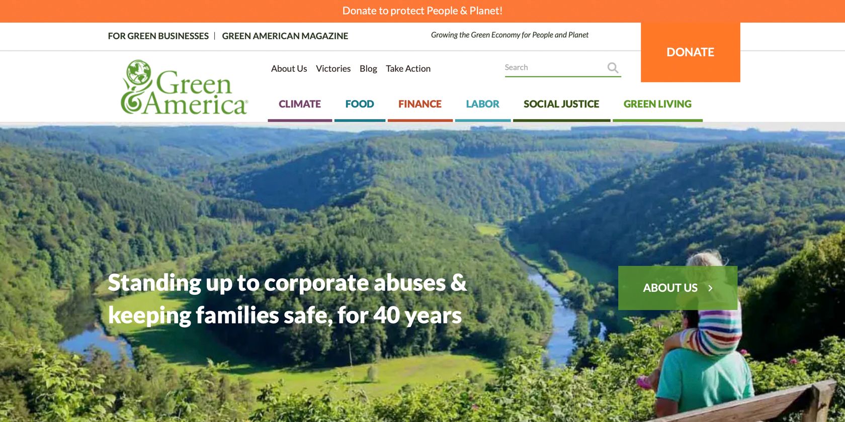 Screenshot showing the home page of the Green America website