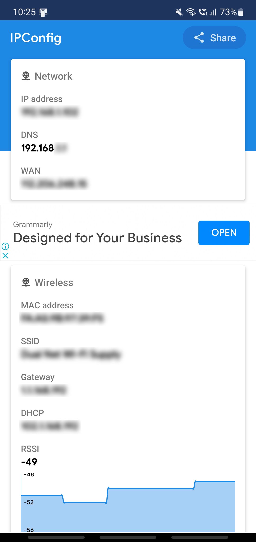 IPConfig screenshot on a Samsung Galaxy Note10+
