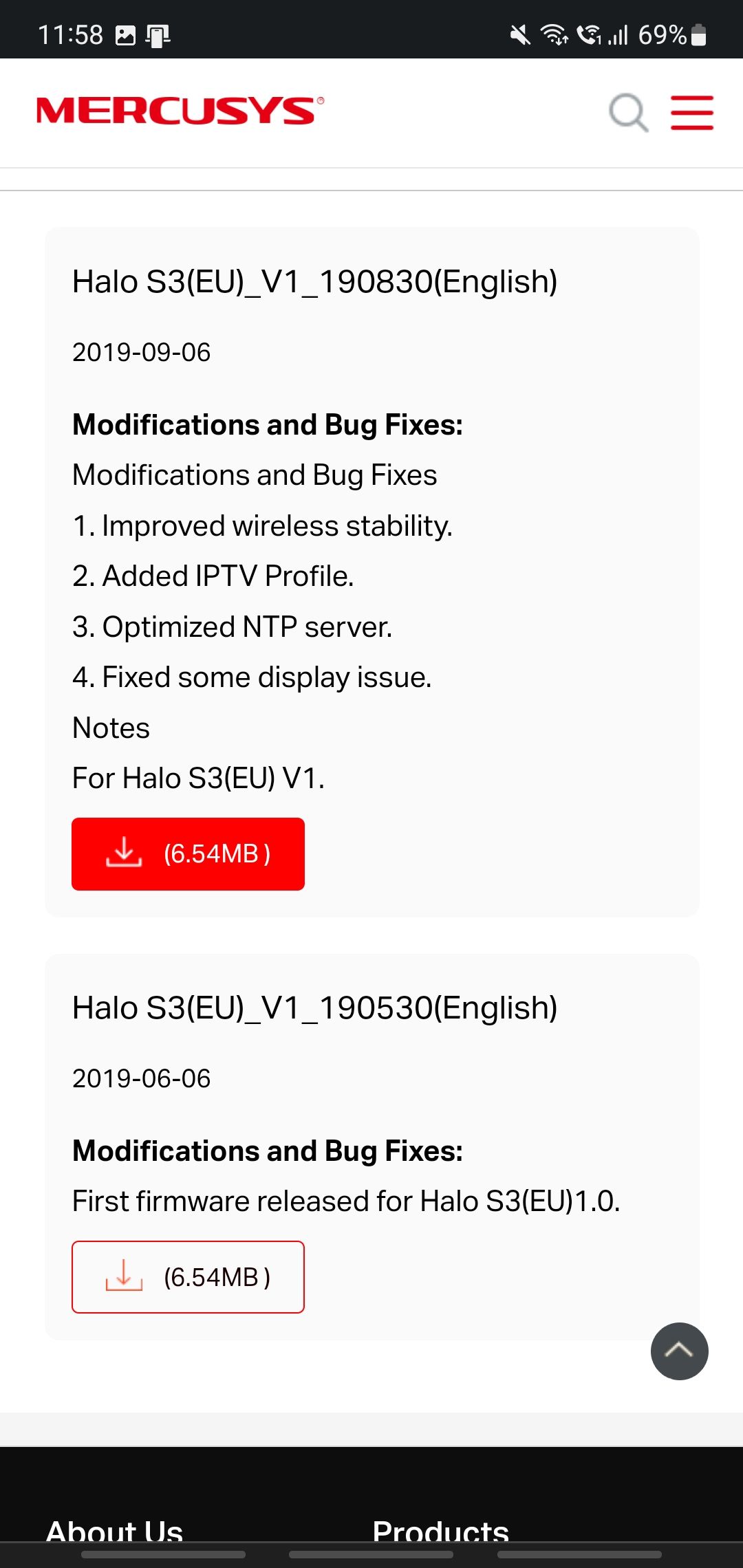 Mercusys Halo S3 firmware download page
