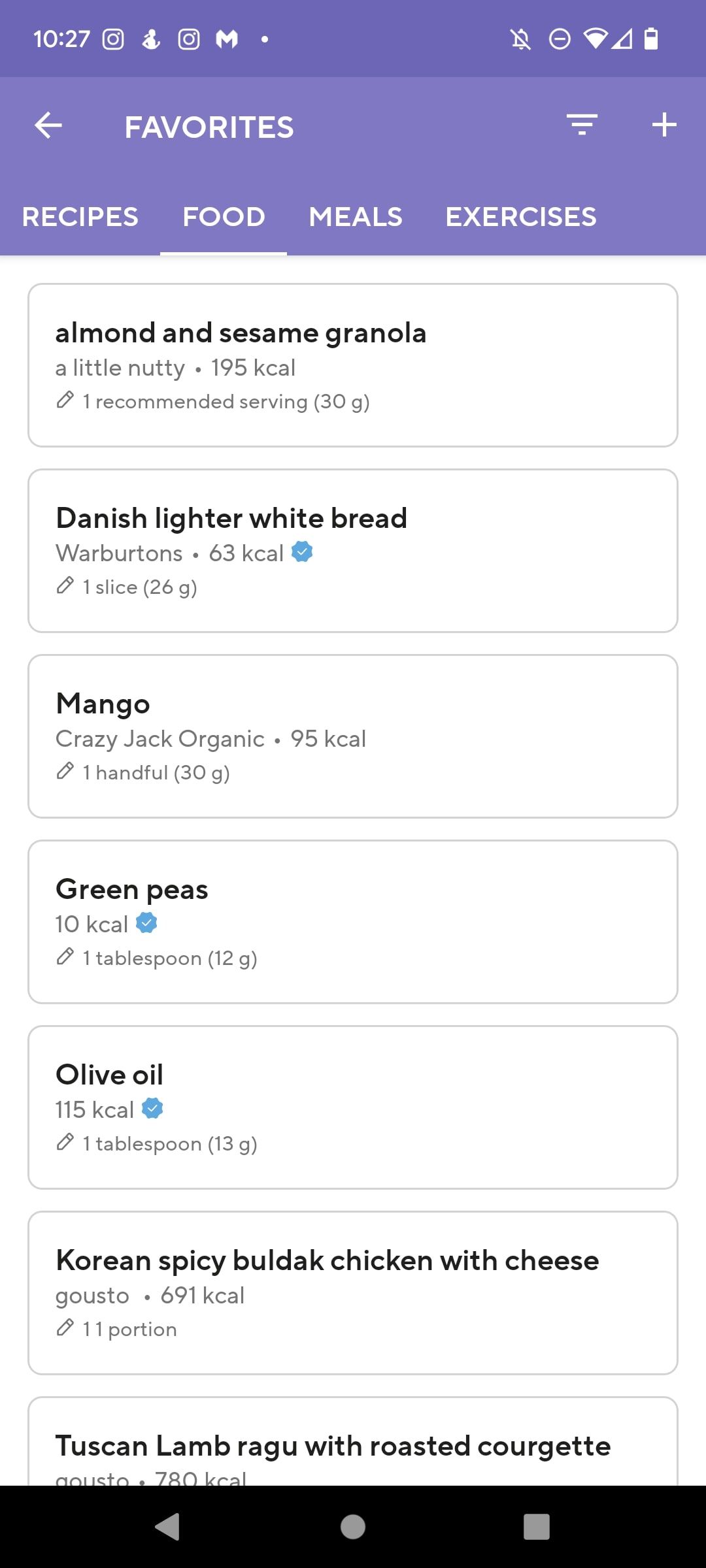 Favorite Foods screen lifesum app 