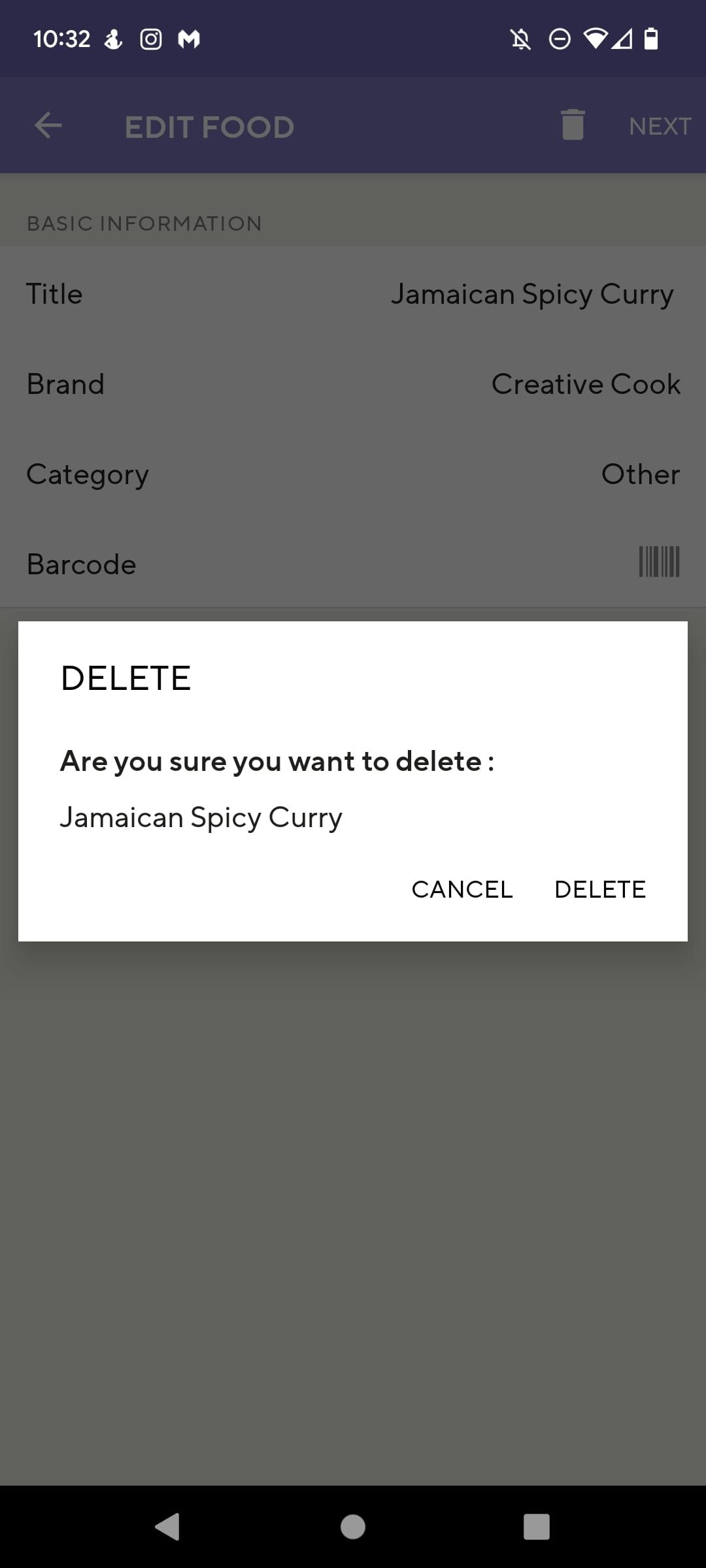 delete a food in lifesum confirmation screen