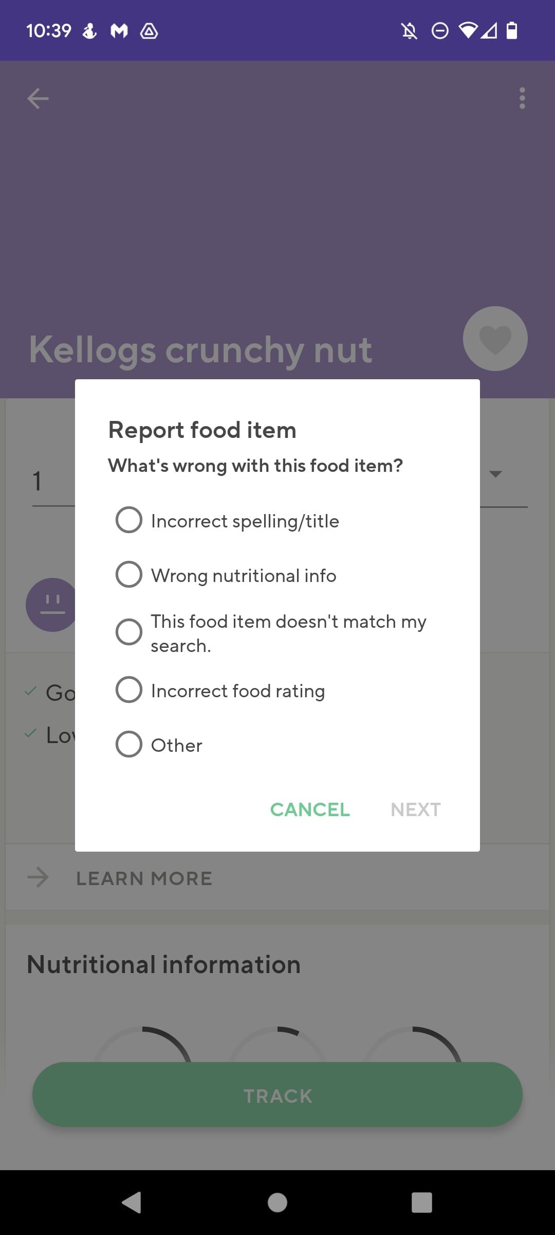 question box in lifesum app for reporting a food